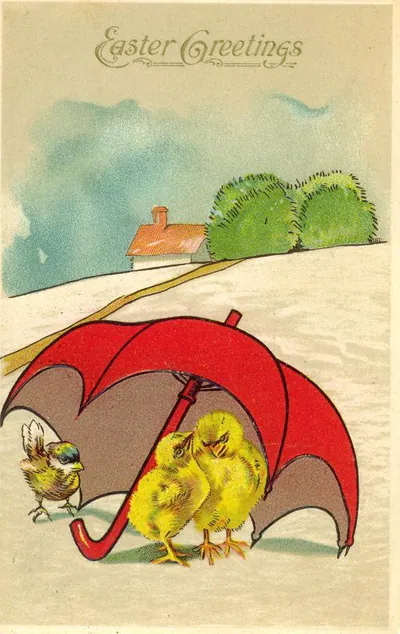 Easter Greetings: chicks sheltering under a red umbrella