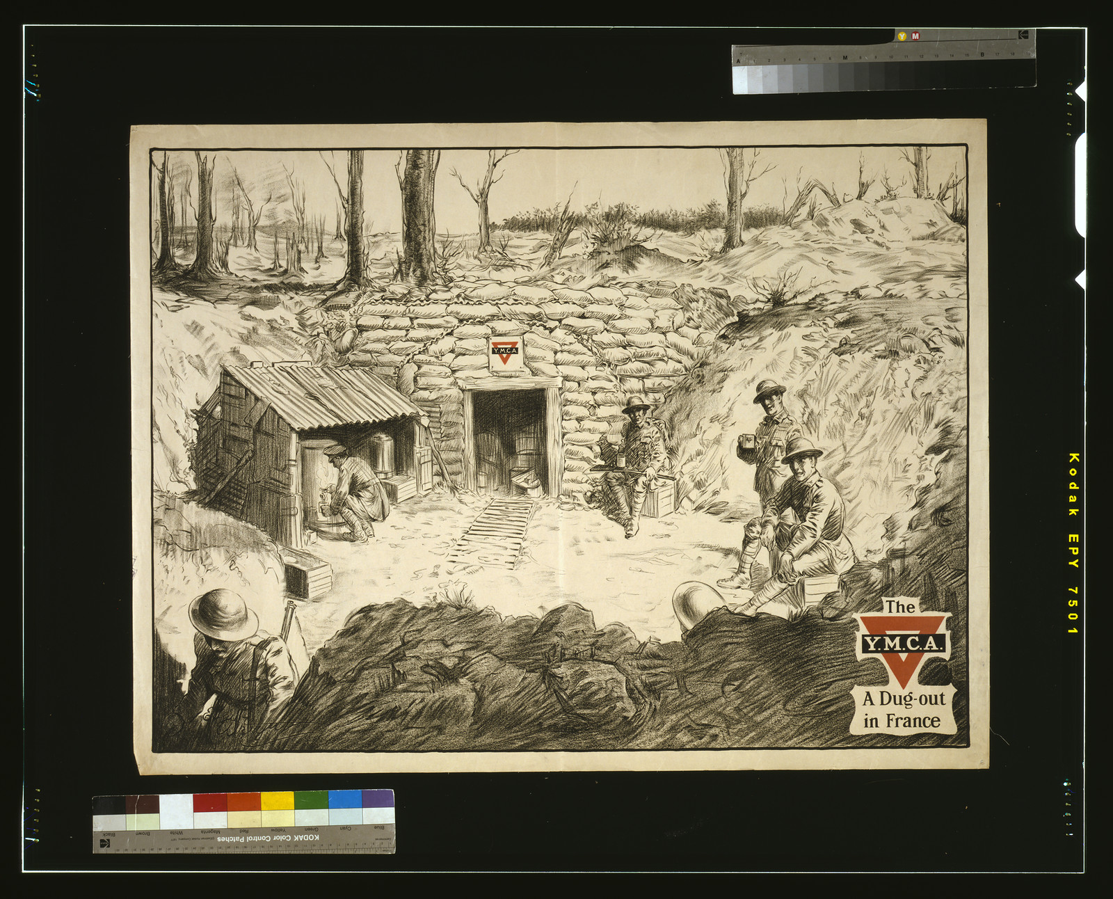 The Y.M.C.A. A dug-out in France / Edgar Wright., 1915 — vintage poster