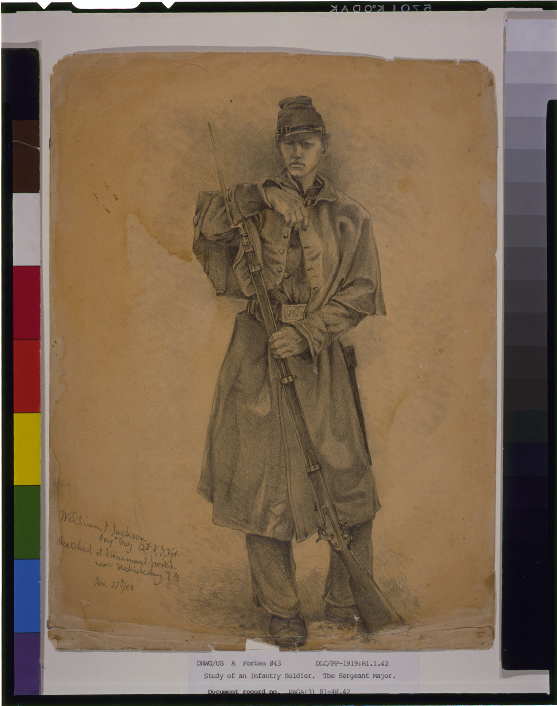 Study of infantry soldier on guard--William J. Jackson, Sergt. Maj. 12th N.Y. Vols.--Sketched at Stoneman's Switch, near Fredricksburg [sic], Va. Jan. 27th, 1863, 1863 Jan. 27. — historic drawing