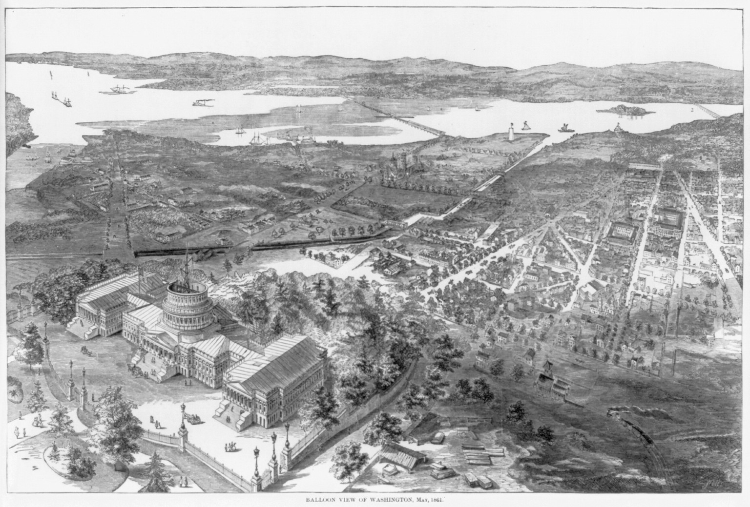 Balloon view of Washington, D.C., May 1861 — antique engraving