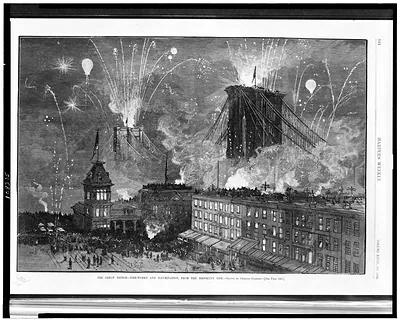 The Great bridge - Fire-works and illumination, from the Brooklyn side / drawn by Charles Graham.