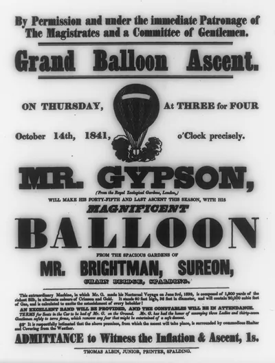 Grand balloon ascent, on Thursday, October 14th, 1841 ... Mr. Gypson, (from the Royal Zoological Gardens, London), will make his forty-fifth and last ascent this season ...