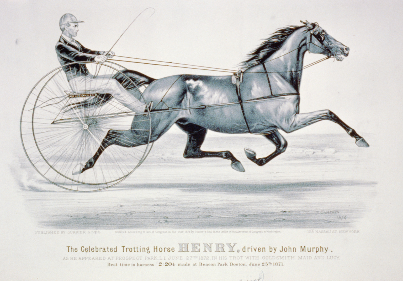 Celebrated trotting horse Henry, driven by John Murphy: As he appeared at Prospect Park, L.I. June 27th 1872, in his trot with Goldsmith Maid and Lucy, [New York] : Currier & Ives, 1874. — antique lithograph
