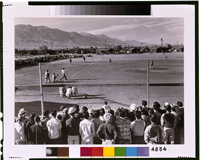 Baseball game, Manzanar Relocation Center, Calif. / photograph by Ansel Adams.