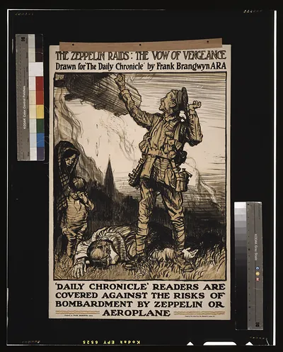 The zeppelin raids: the vow of vengeance. Drawn for The Daily Chronicle by Frank Brangwyn A.R.A. Daily Chronicle readers are covered against the risks of bombardment by zeppelin or aeroplane / designed by Frank Brangwyn A.R.A. printed by The Avenue Press Ltd. Bouverie St. London E.C.