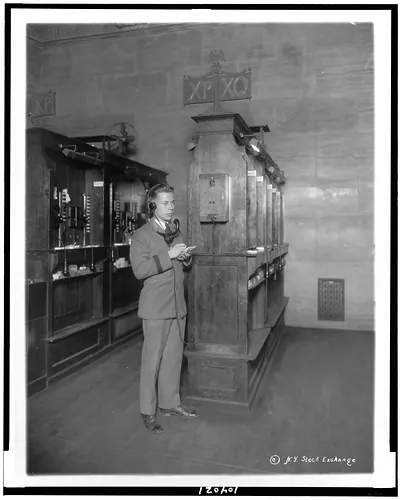 [Telephone operator at booth, new quotation system, New York Stock Exchange]