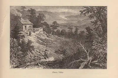 Cherry Valley: log cabin on a hillside, engraving