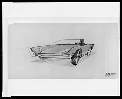 [Design drawing for Avanti automobile, front view from driver's side]