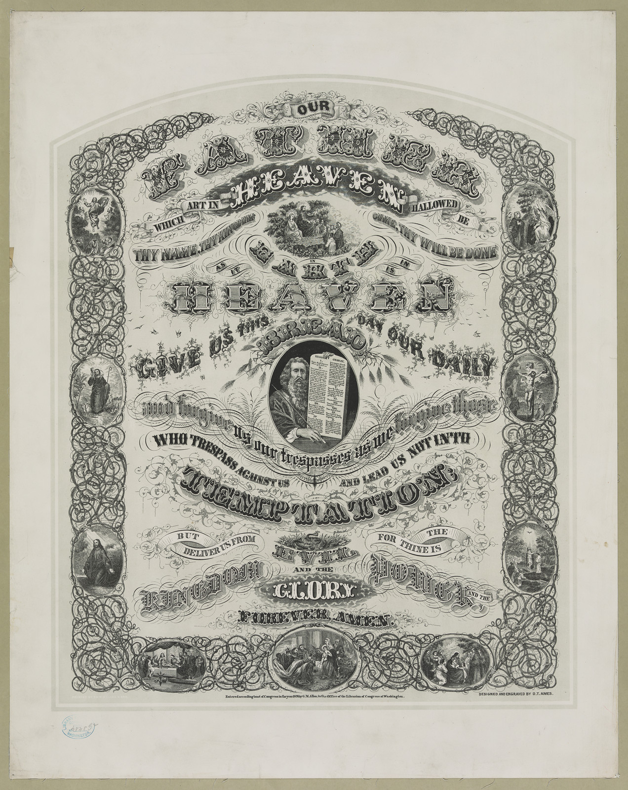 Engraved Lord's Prayer with Moses and the Ten Commandments — historic image