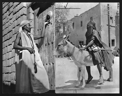 Man knocking at studded door, donkey rider in mud-brick town