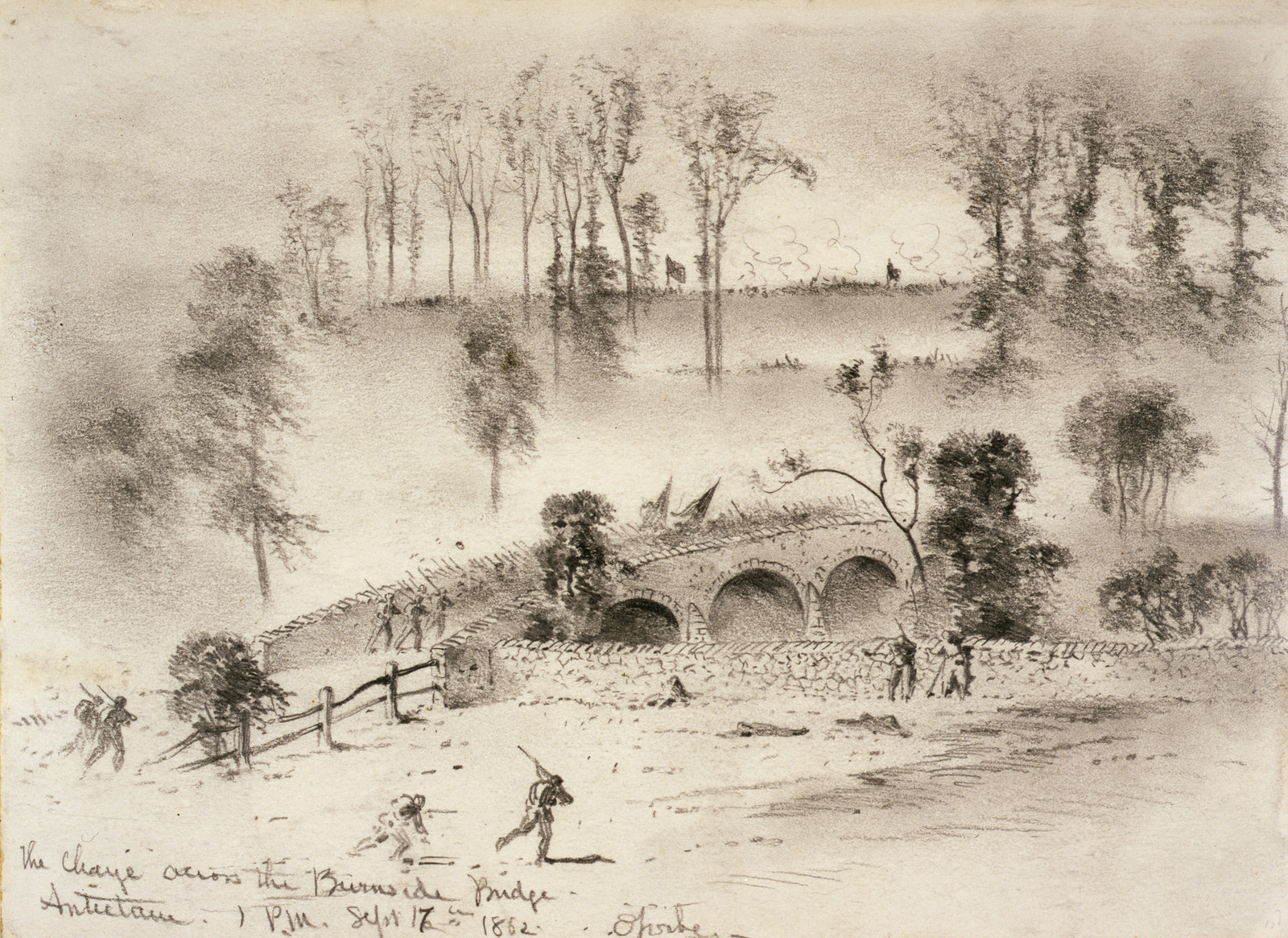 The charge across the Burnside Bridge--Antietam / E. Forbes., 1862 Sept. 17. — historic drawing