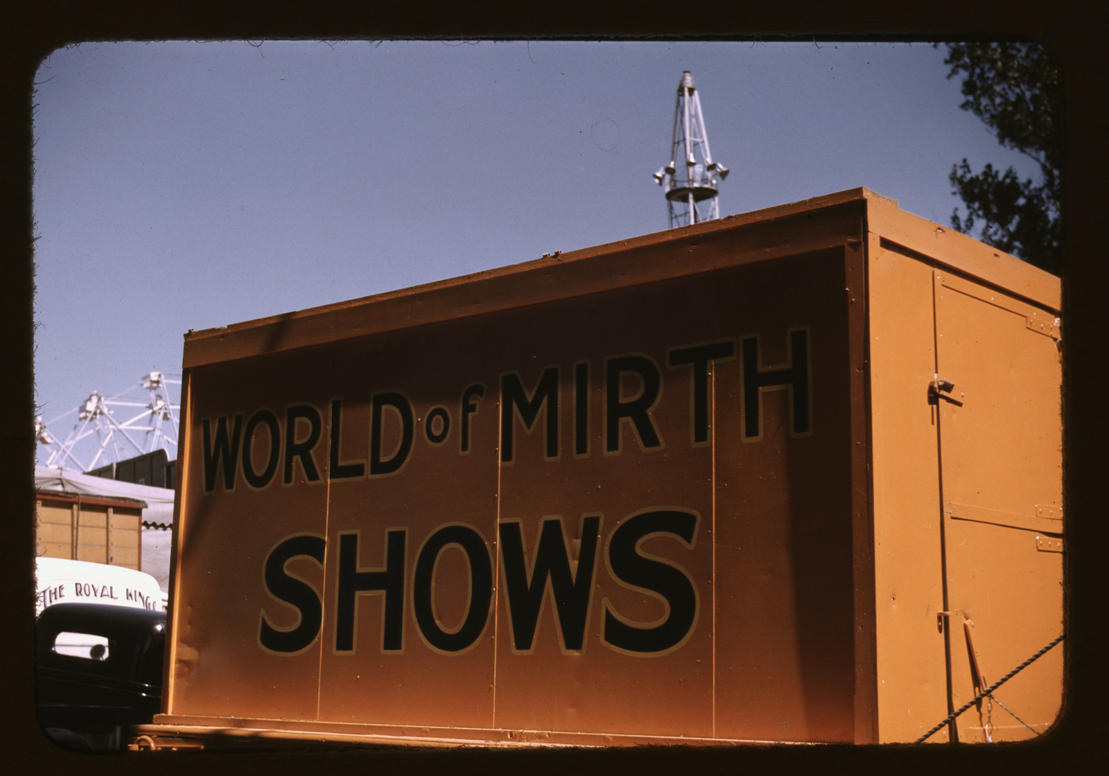 World of Mirth Shows trailer at a carnival — historic image