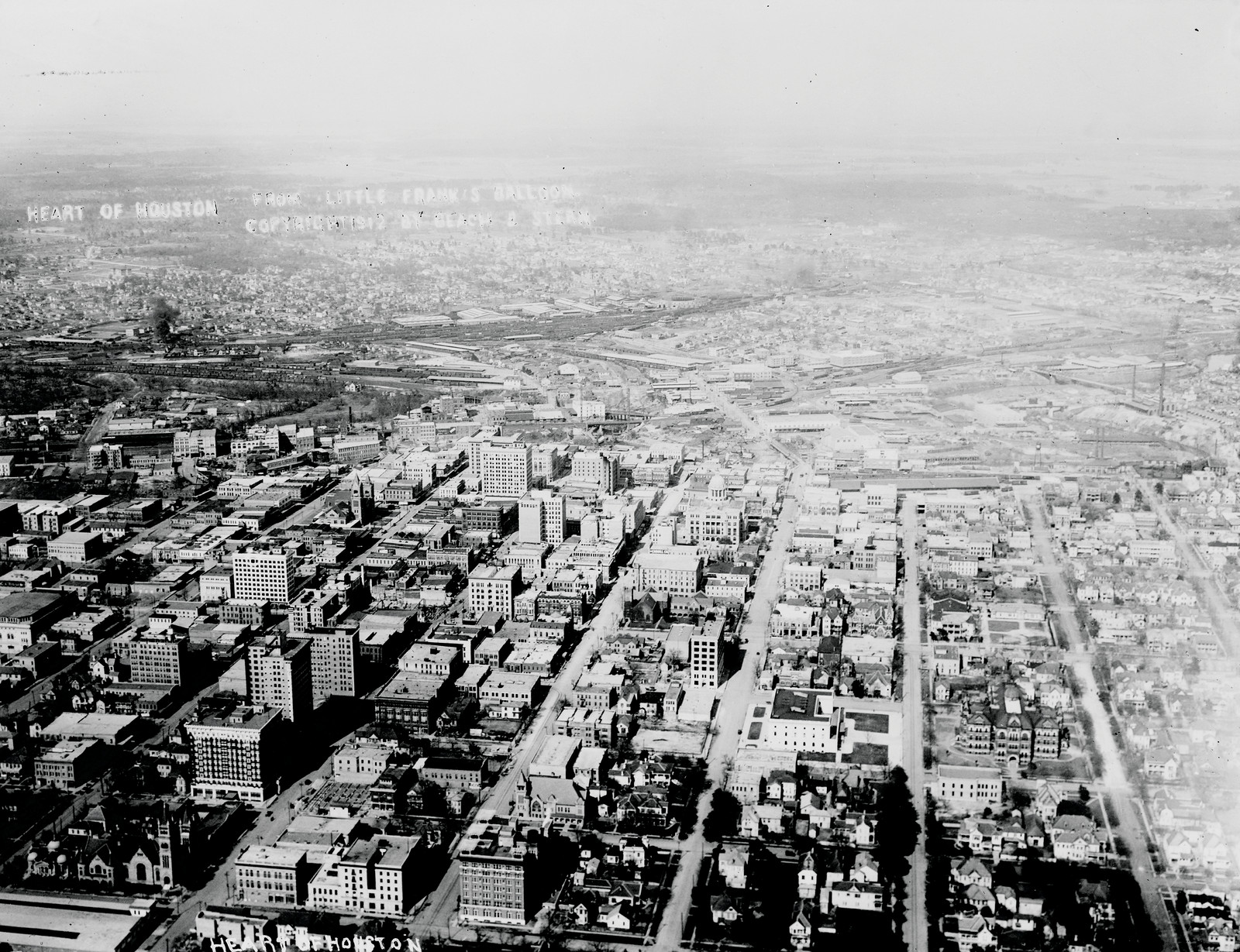 Heart of Houston, from Little Frank's balloon, c1912. — historic photograph