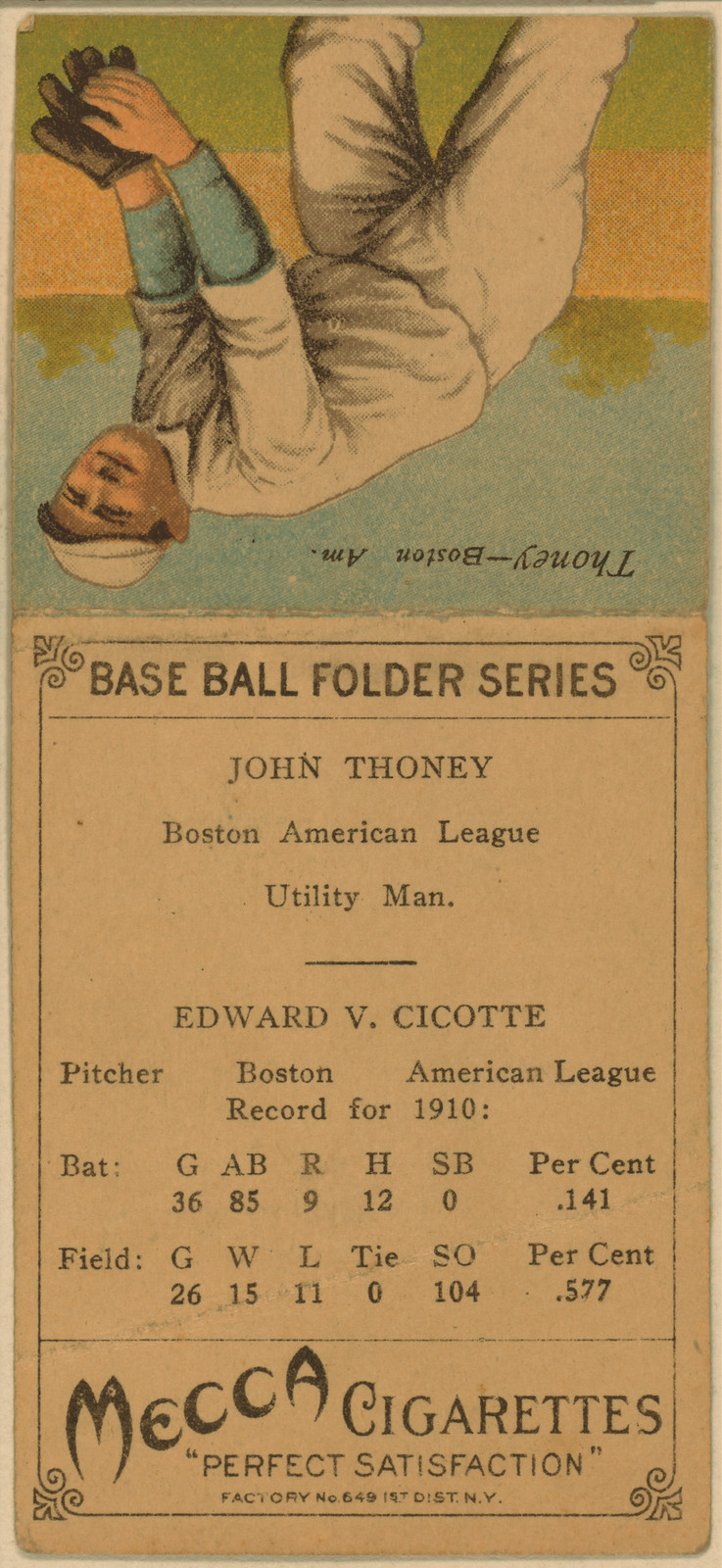John Thoney, Boston American League Utility Man, Mecca Cigarettes Card — historic image