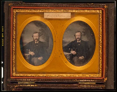 [Emlen Cresson, three-quarters length portrait, facing front, with arm resting on table with tablecloth]