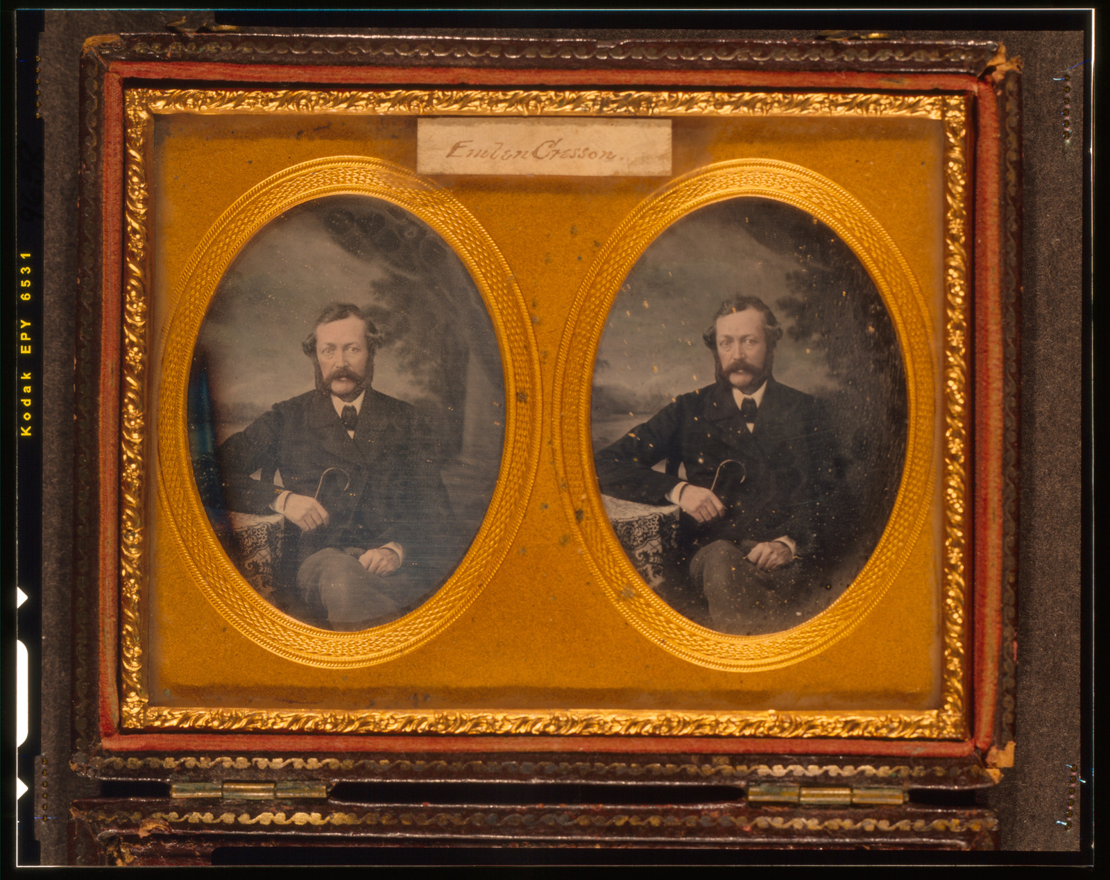 [Emlen Cresson, three-quarters length portrait, facing front, with arm resting on table with tablecloth], 1858 March 12. — historic photograph