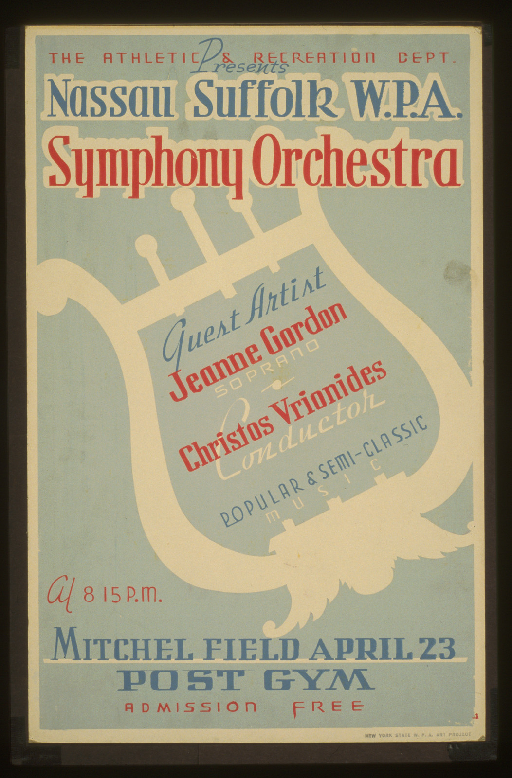 The Athletic & Recreation Dept. presents Nassau Suffolk W.P.A. Symphony Orchestra Gue, 1936 — vintage poster