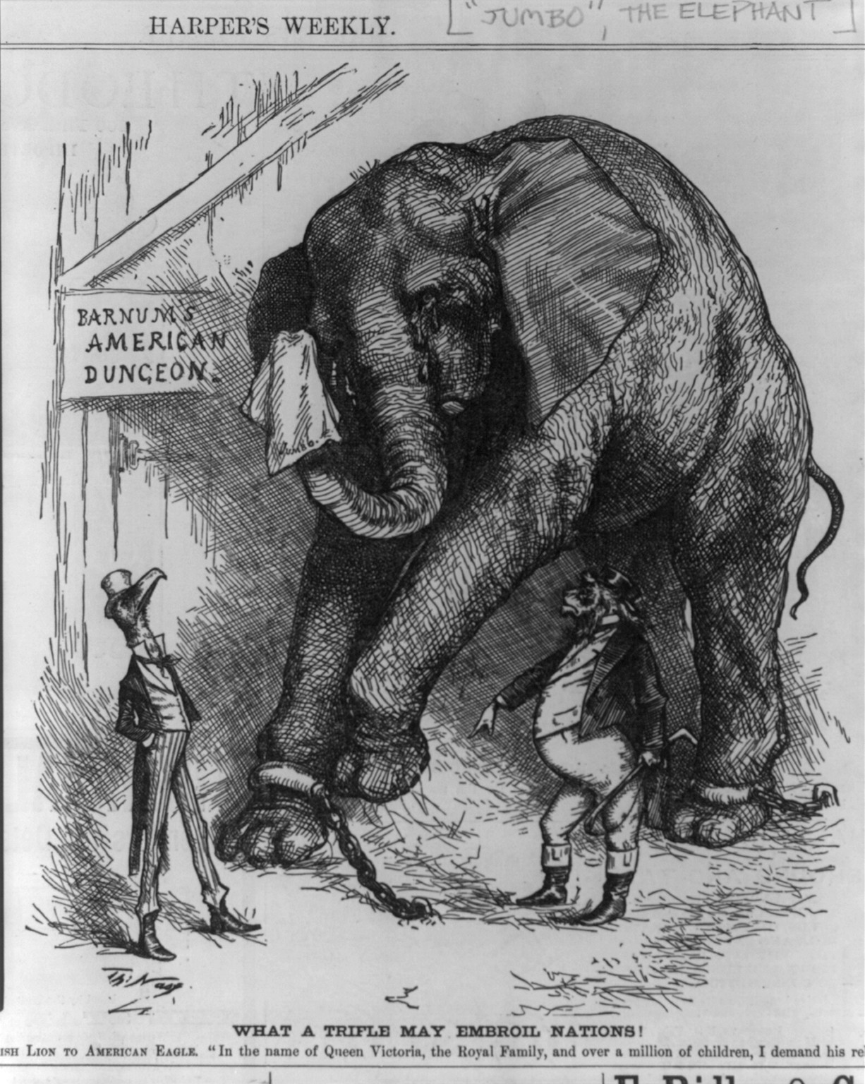 What a trifle may embroil nations! British lion to American eagle, In the name of Queen Victoria and over a million of children I demand his release."", 1882 — antique engraving
