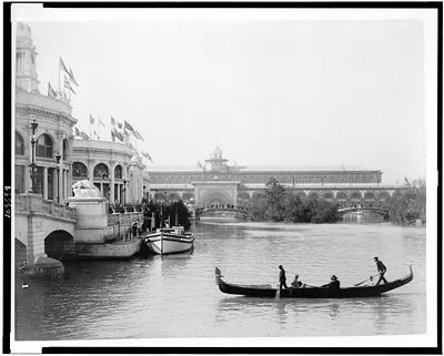 [World's Columbian Exposition, Chicago. Transportation Building in background and gondola on lagoon in foreground]