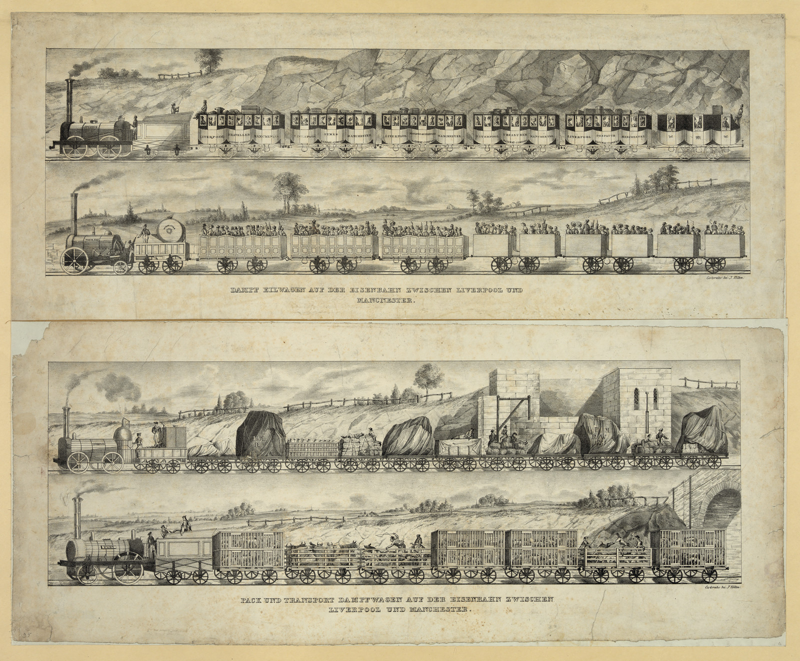 Dampf eilwagen auf der eisenbahn zwischen Liverpool und Manchester / Carlsruhe bei J. Velten., 1831 — historic image