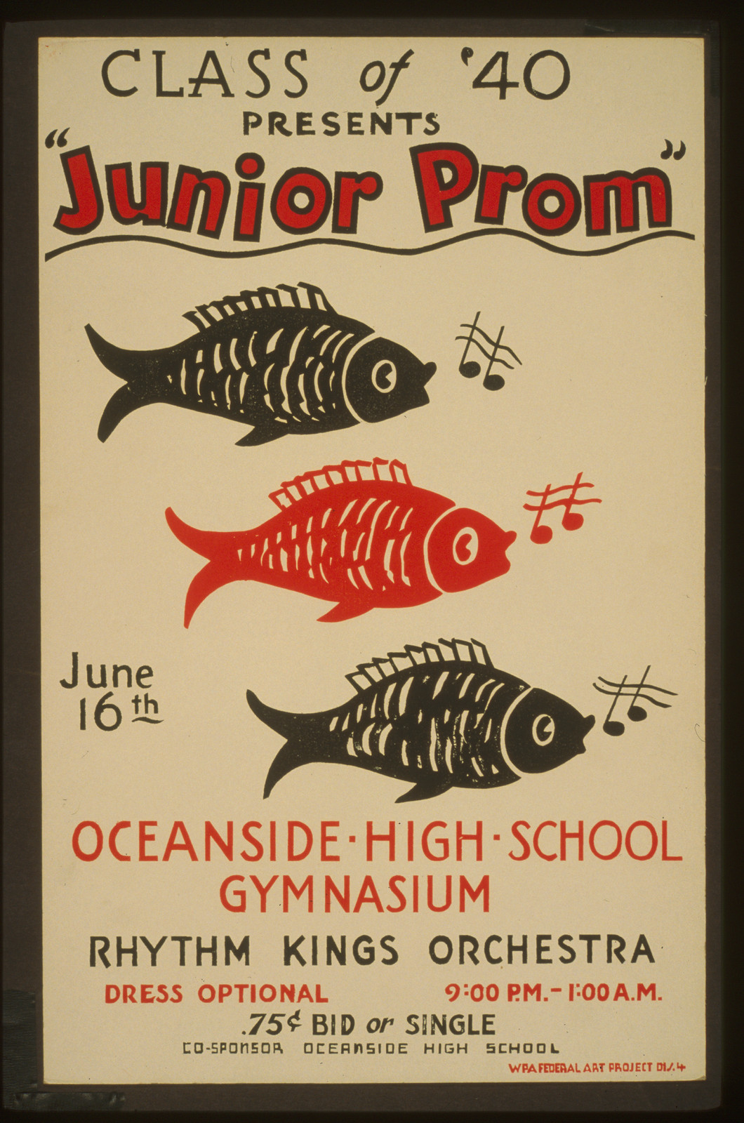 Class of '40 presents Junior Prom poster with fish — vintage poster