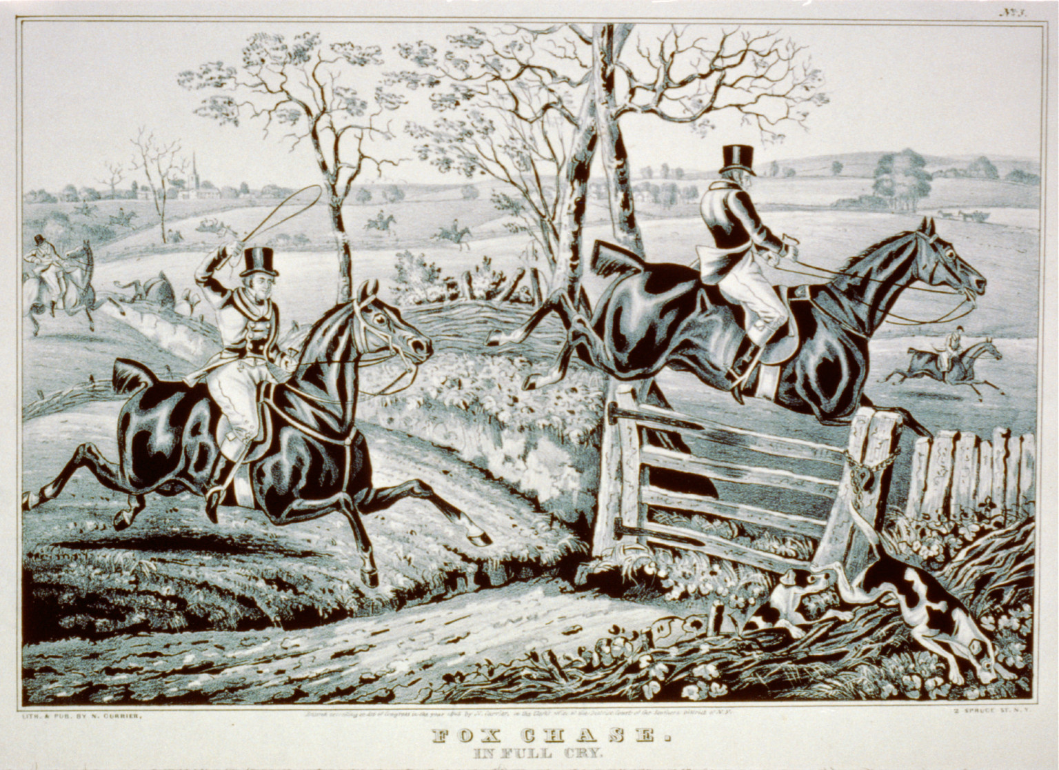 Fox chase: In full cry, New York : Published by N. Currier, c1846. — antique lithograph