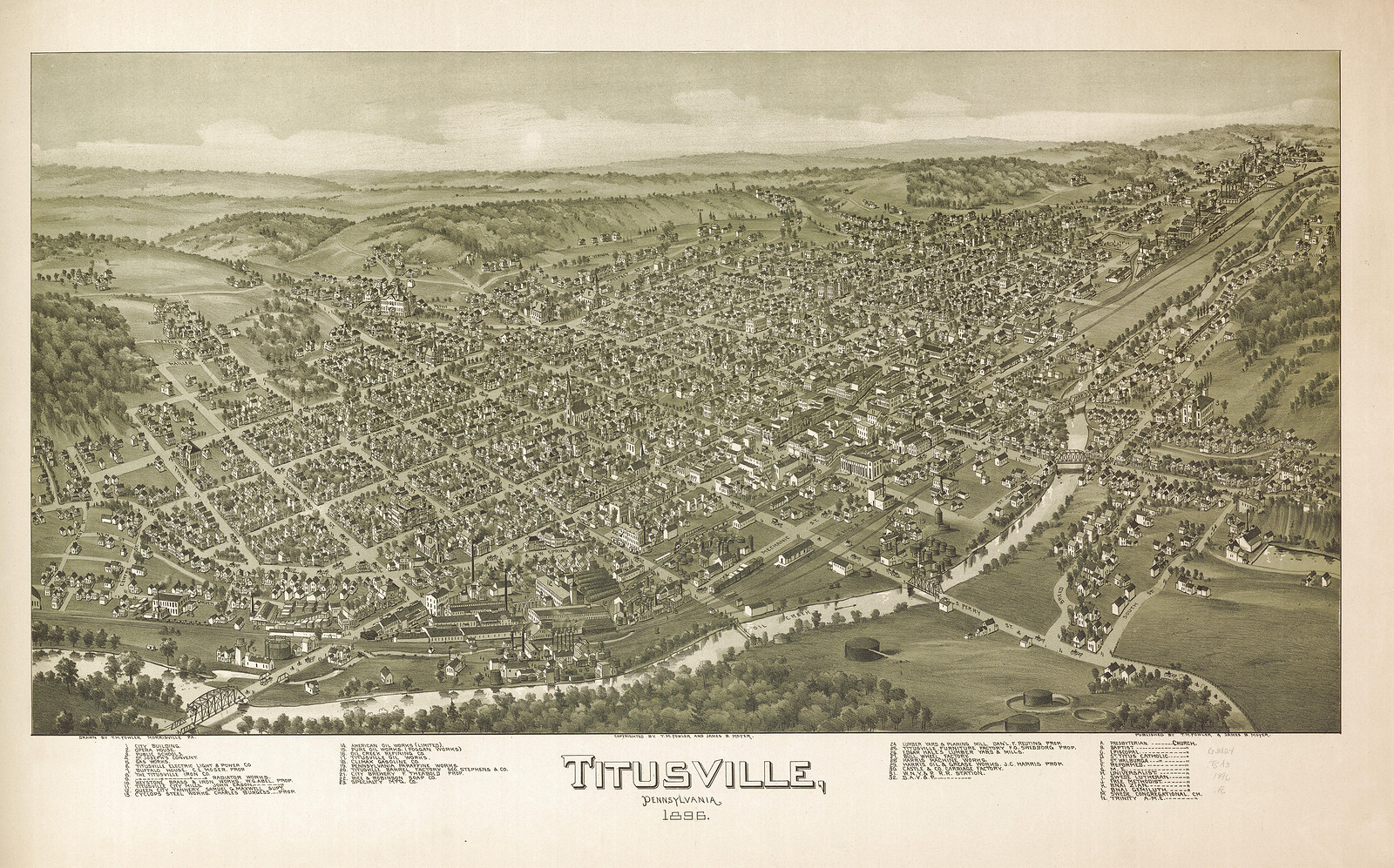 Titusville, Pennsylvania, 1896 bird's-eye view map, 1896 — antique map