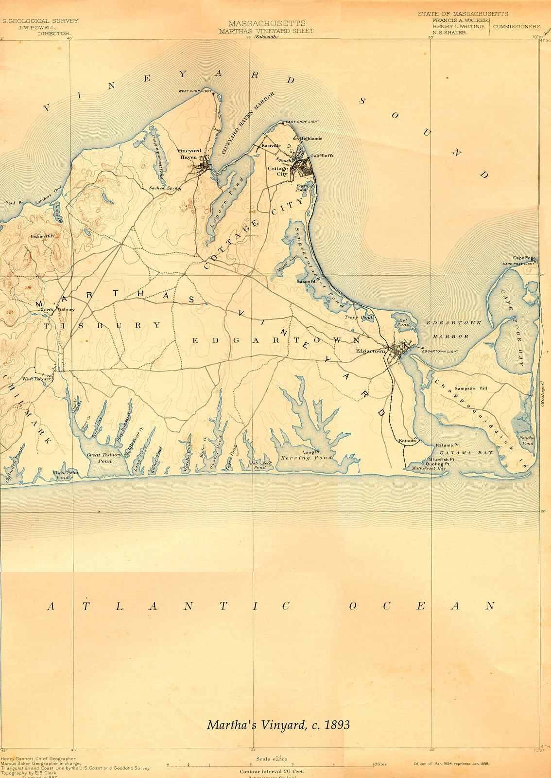 Edgartown Vinyard Haven Oak Bluffs USGS, Massachusetts, 1893, 1893 — antique map