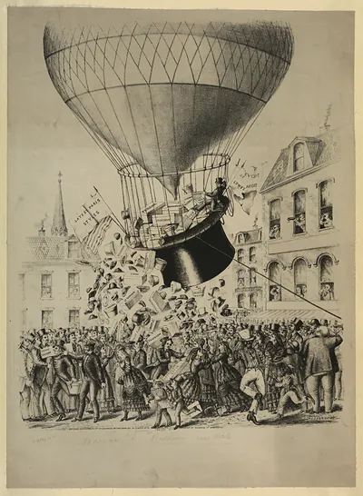 Satirical lithograph of a hat-shaped balloon dropping hats and boxes