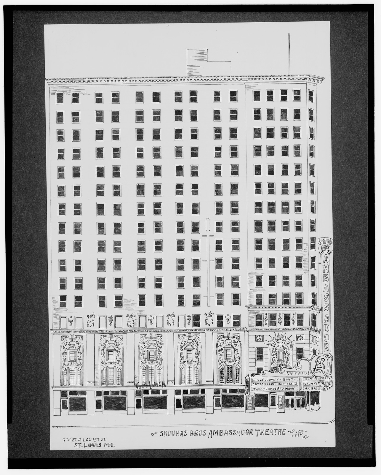 [Skouras Bros. Ambassador Theatre, 7th St. and Locust St., St. Louis, Missouri] / AFD 1933., And Engineering (ADE) Drawings — vintage poster