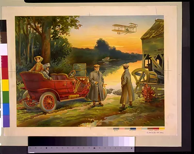 [Two women in automobile, with two men standing alongside, another automobile across river, biplane above, and ruins of water mill on right] / H.C. Ireland.