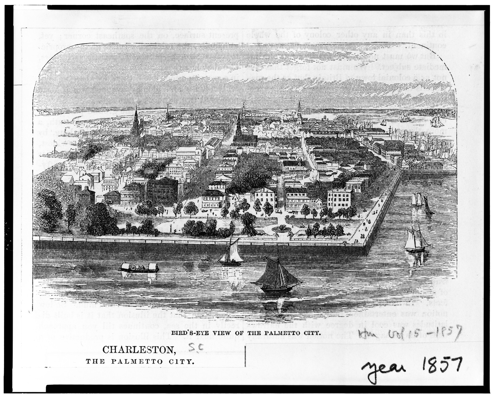 Bird's-eye view of the Palmetto city, Charleston, S.C., [1857] — antique engraving