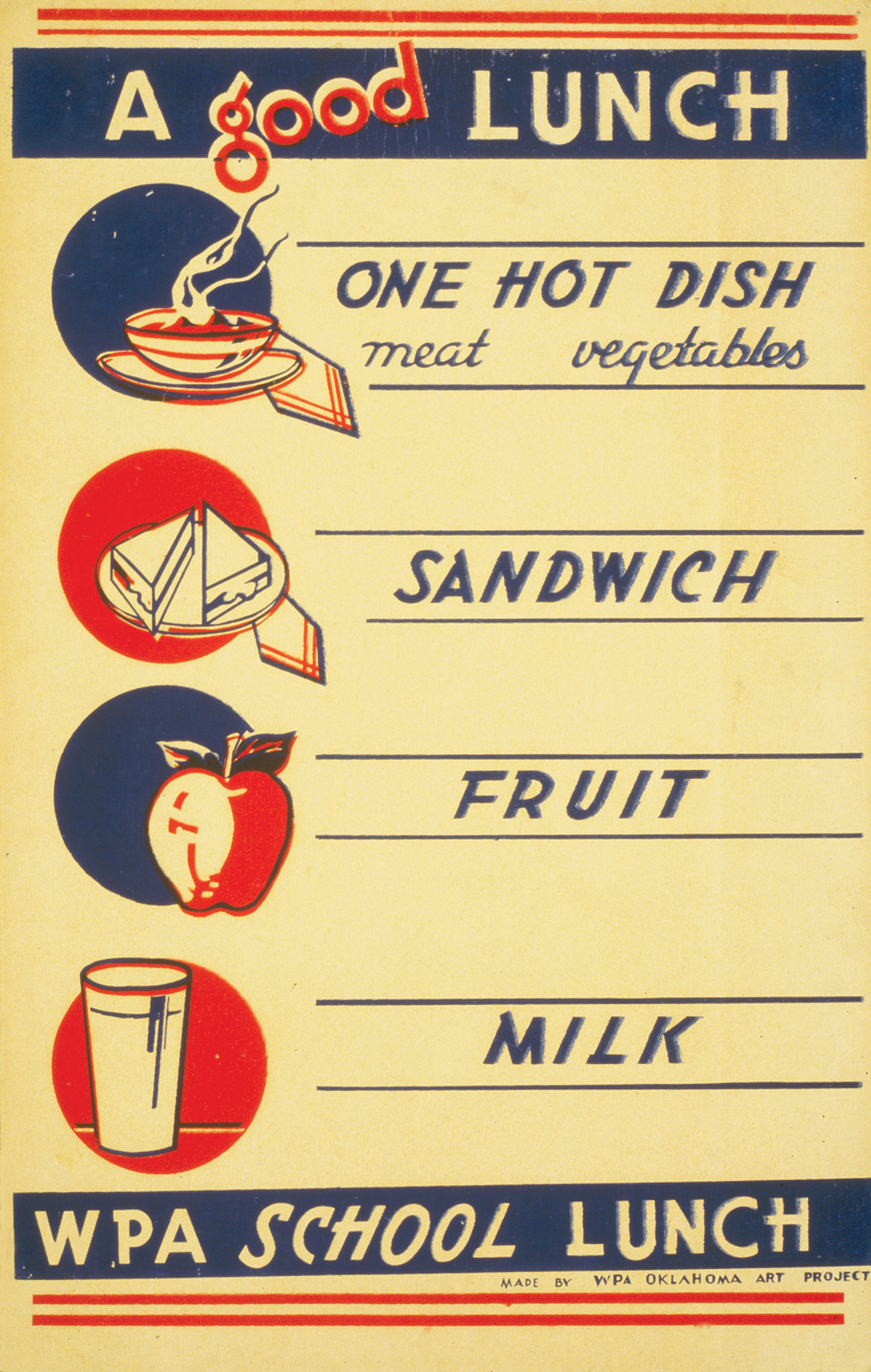 A Good Lunch - One Hot Dish, Meat, Vegetables - Sandwich - Fruit - Milk WPA School Lunch, c. 1941 — vintage poster