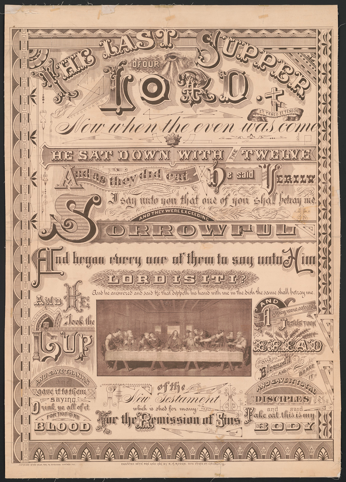 The Last Supper of Our Lord, penmanship print with central engraving — antique engraving