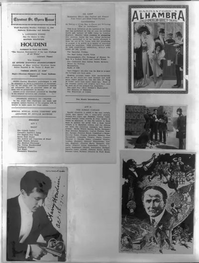 [Houdiniana from the McManus-Young Collection in RBD; miscellaneous scrapbook pages containing photos, news clipping, namecards, tickets, theatre announcements, posters]