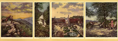 Four color views of Western North Carolina scenery, with printed captions