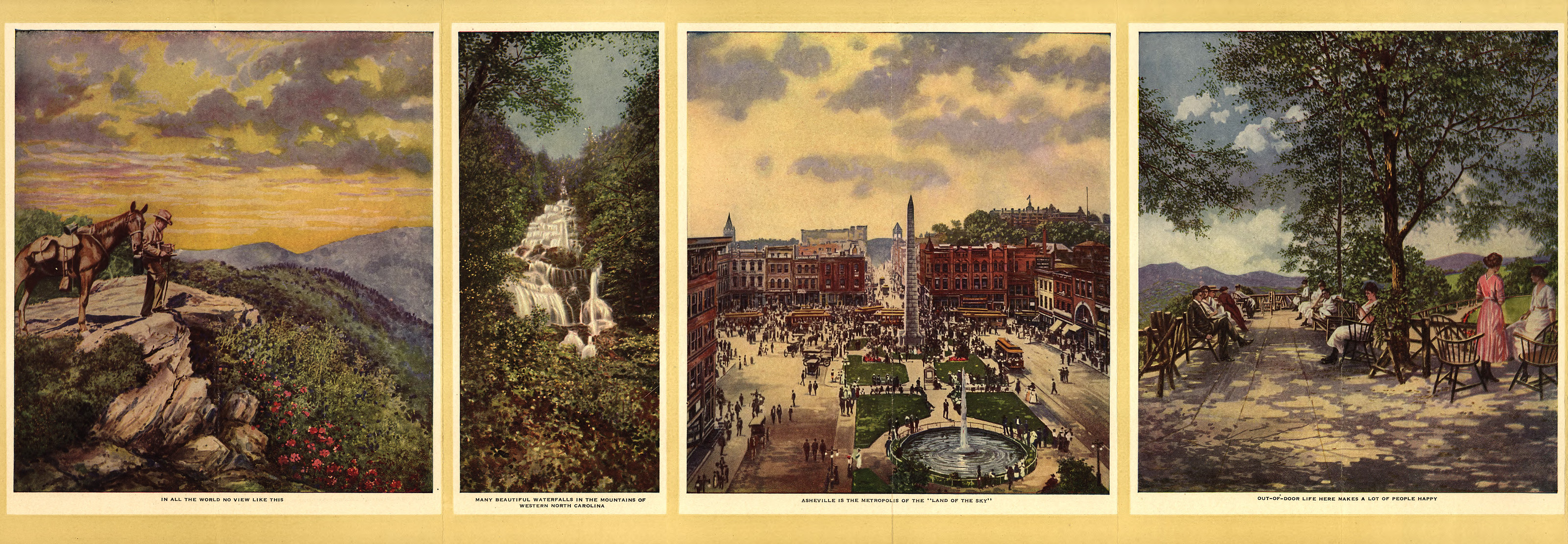 Four color views of Western North Carolina scenery, with printed captions — historic print