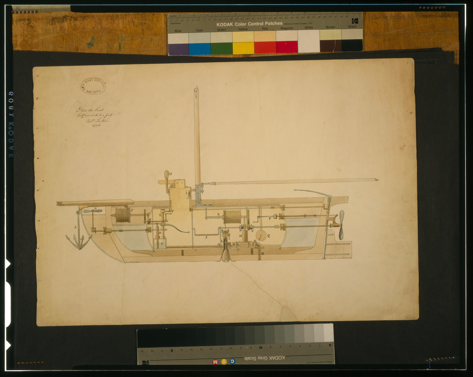 Technical section drawing of a steam boat's machinery — historic drawing