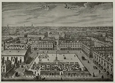 Engraved bird's-eye view of Covent Garden market square