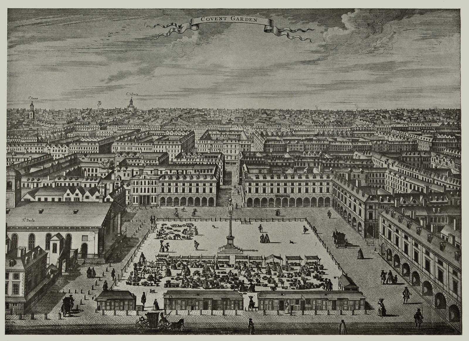 Engraved bird's-eye view of Covent Garden market square — historic image