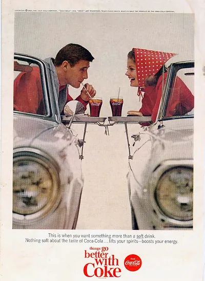 Things Go Better With Coke advertisement, couple with drinks at car tray