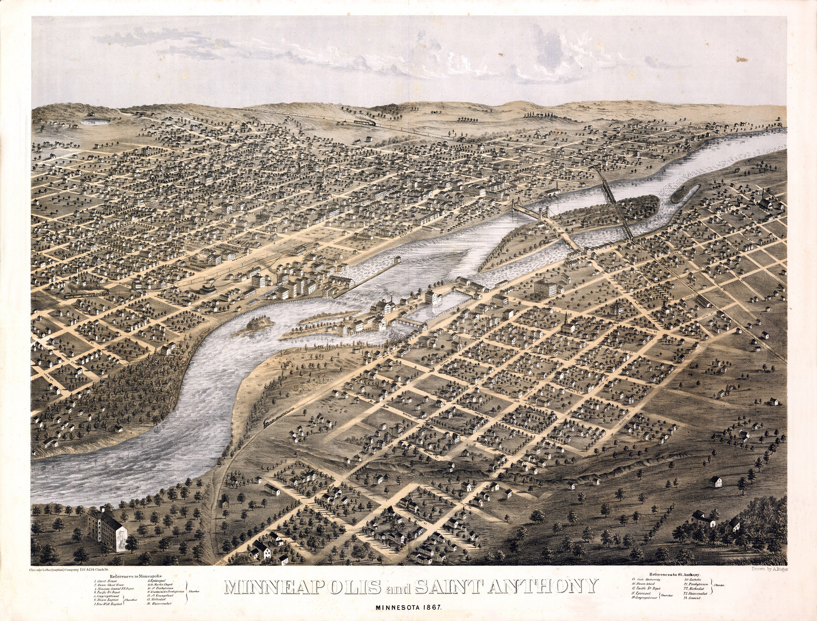 Minneapolis Saint Anthony, Minnesota, 1867 — antique map