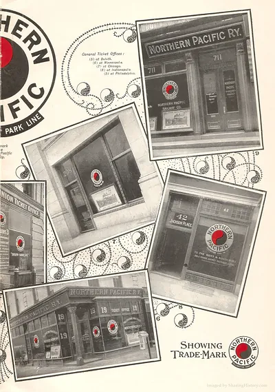 Northern Pacific Railway ticket offices with Yellowstone trade-mark photographs