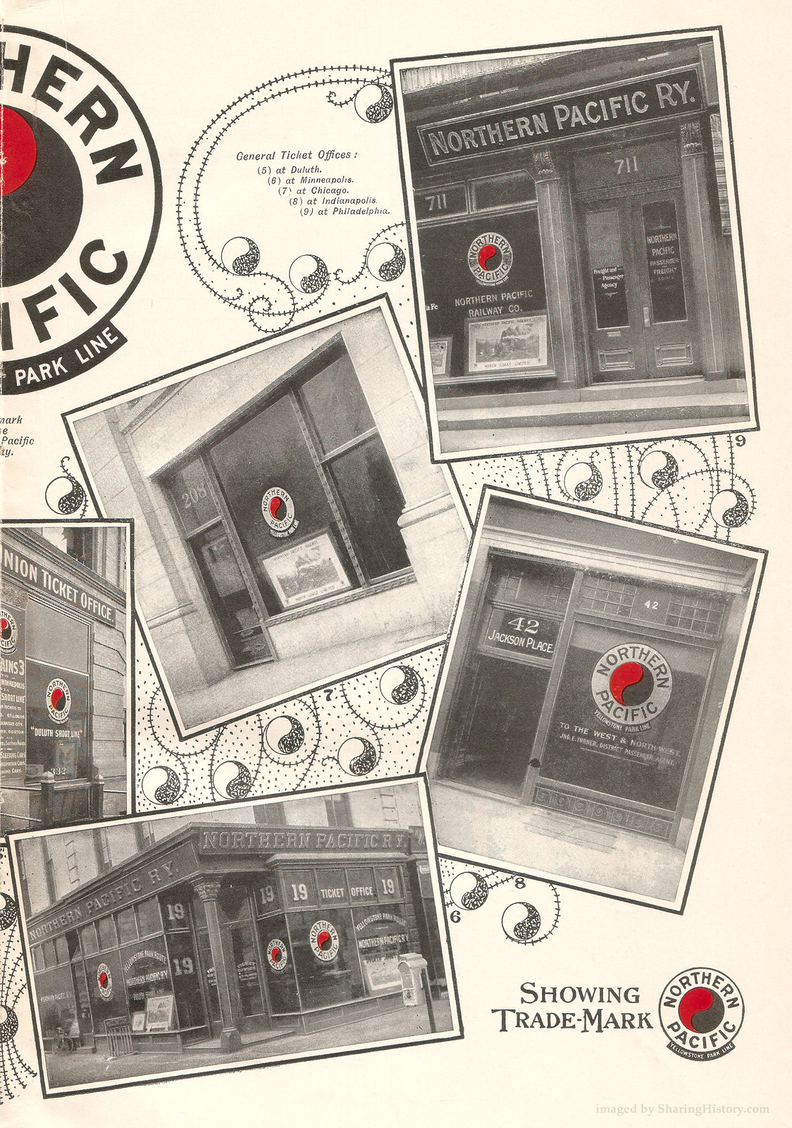 Northern Pacific Railway ticket offices with Yellowstone trade-mark photographs — historic photograph