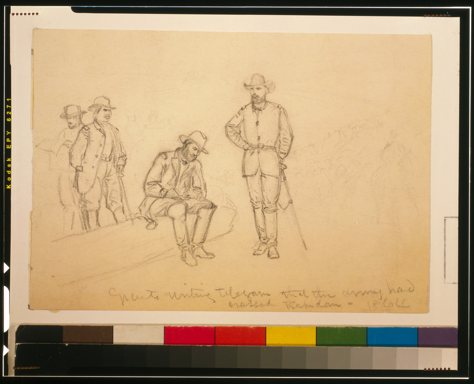 Grant writing telegram that the Army had crossed Rapidan 1864, 1864 [May 3-4] — historic drawing