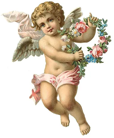 Chubby cherub with wings holding a flower garland