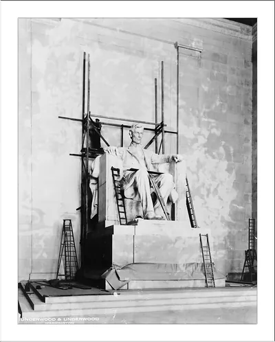 Seated Lincoln statue under scaffolding in Lincoln Memorial, photograph