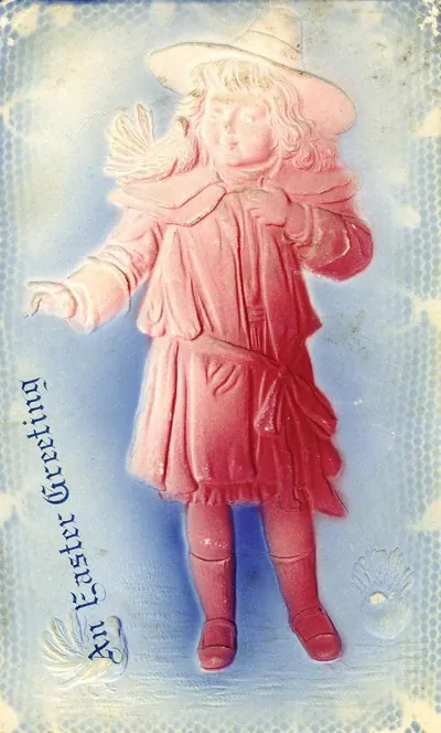 Embossed Easter greeting card with a child and bird