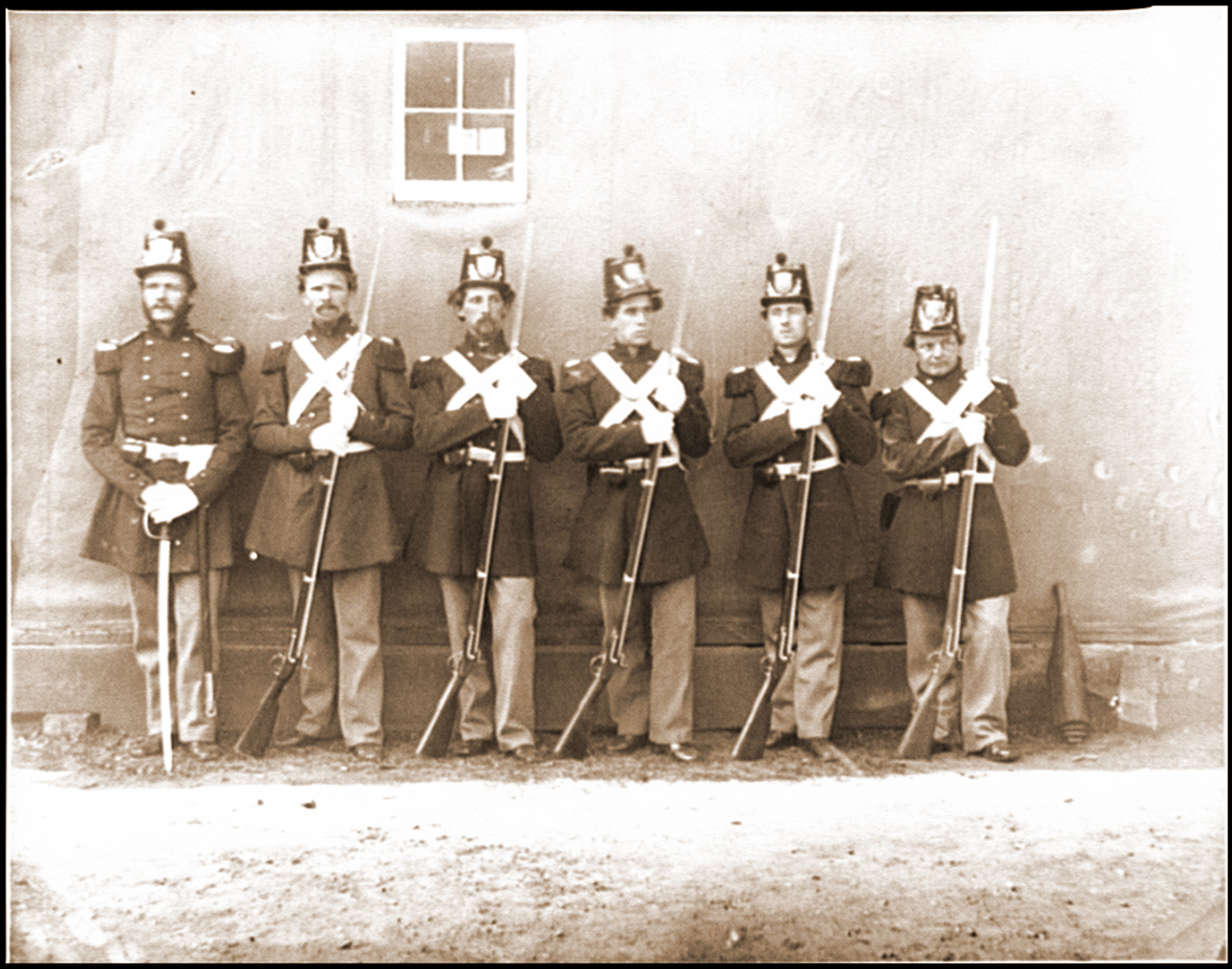 Washington D.C. Six marines with fixed bayonets at the Navy Yard, 1864 — historic photograph