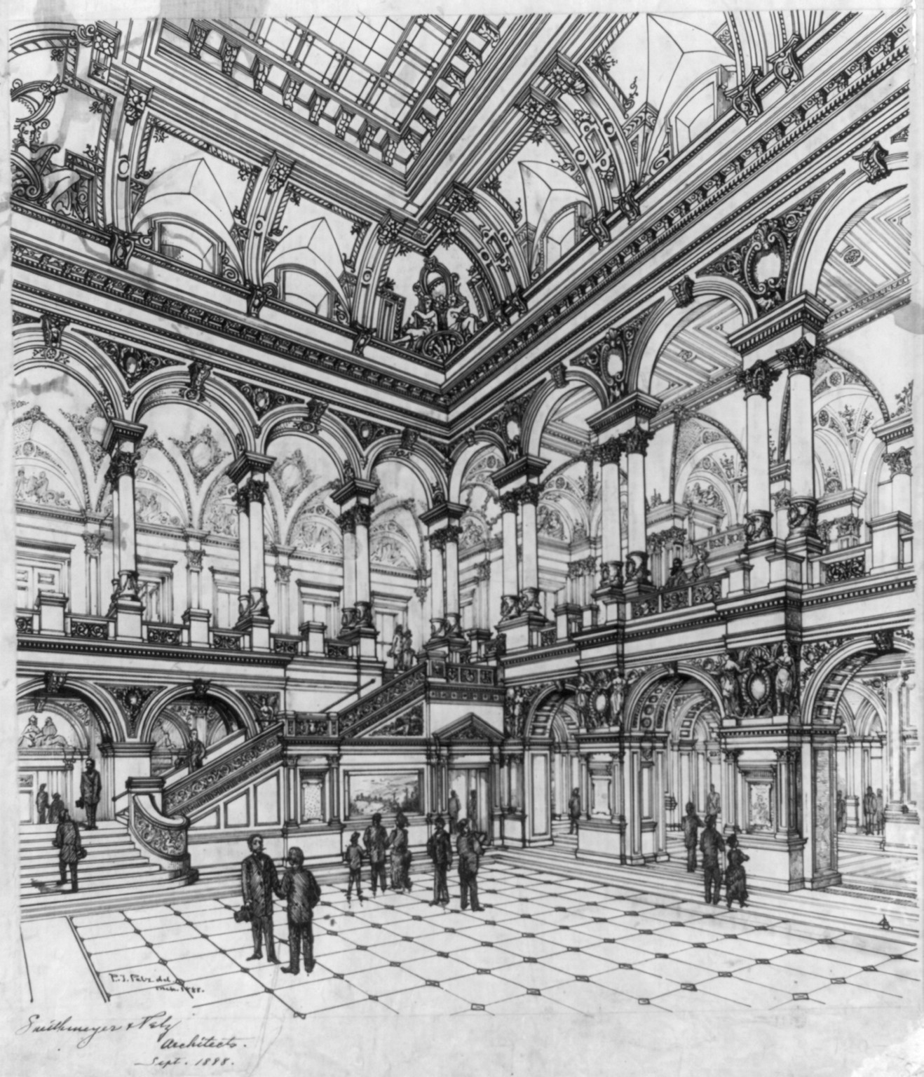 [Library of Congress (Congressional Library Building") D.C. View of stair hall]", and Engineering (ADE) Drawings" (http://www.loc.gov/rr/print/res/103_ade.html)." — historic drawing